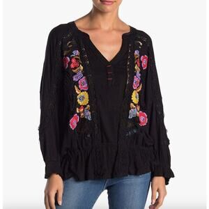Free People Serafina Boho Embroidered Crochet Black Colorful Top Medium